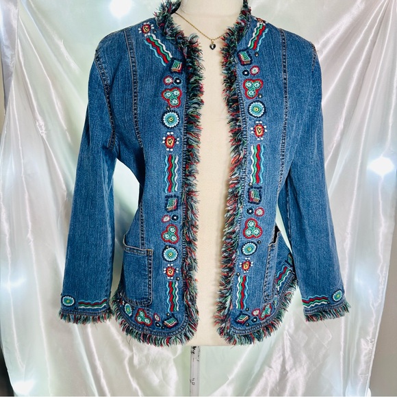 VTG RubyRd Jean Denim Jacket Sz Medium Blue Colorful Fringe Embroidered Pockets - Picture 2 of 9